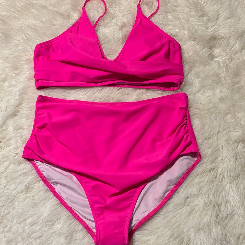 Amazon Hot Pink High Waist & High Thigh Bikini Set